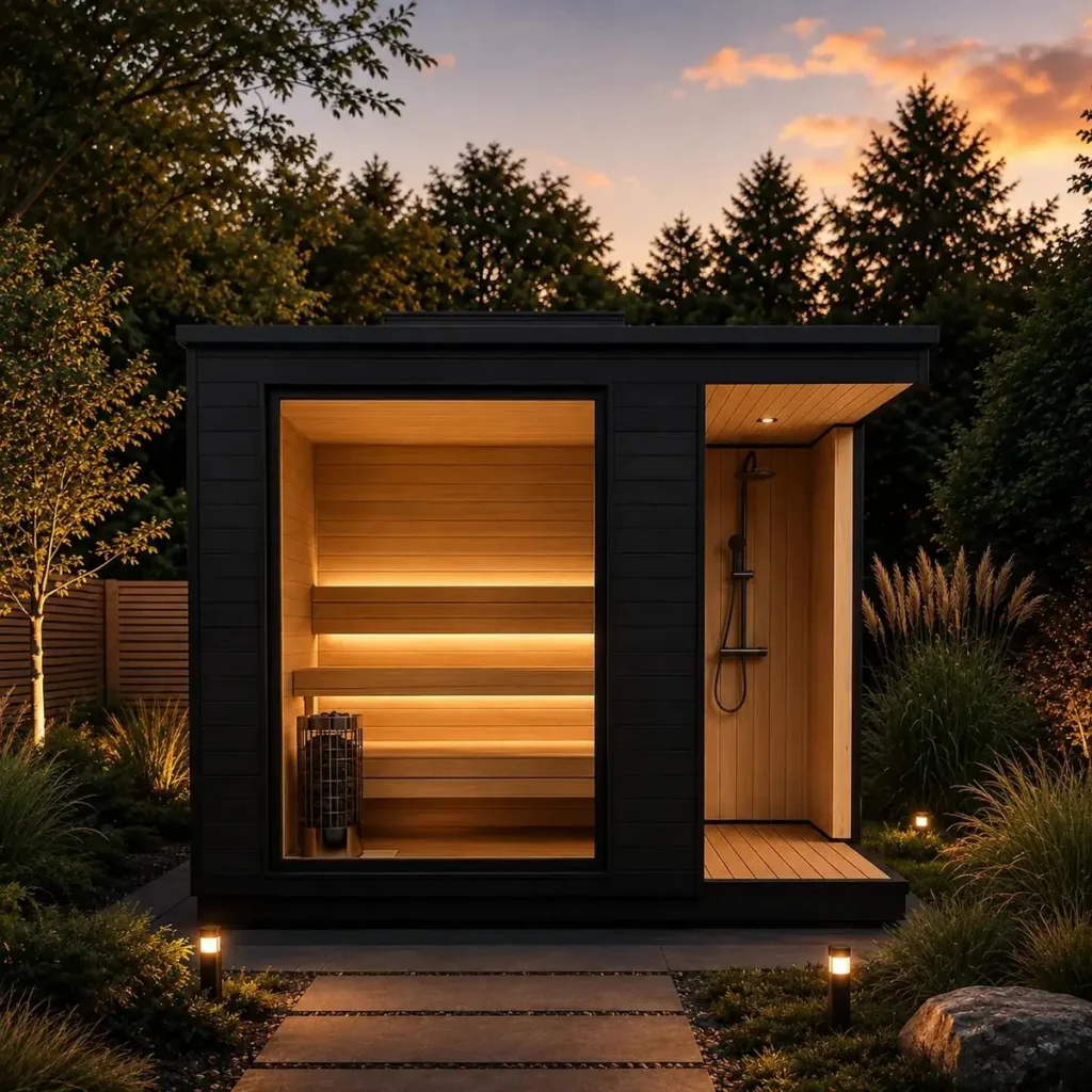 Golden Woods Nordic L Black Edition – nowoczesna sauna ogrodowa z czarną elewacją, dużym przeszkleniem i zintegrowanym prysznicem.