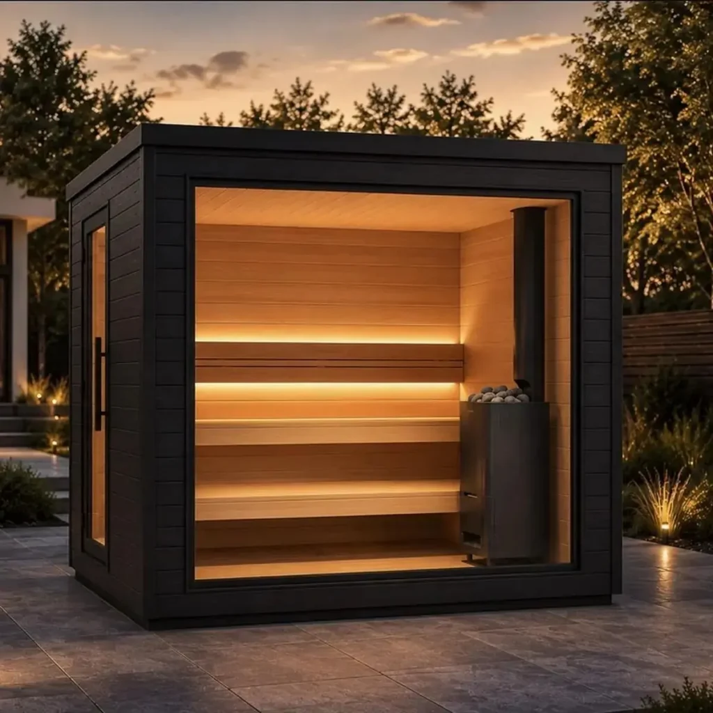 Sauna ogrodowa Golden Woods Nordic M Black Edition 240 × 240 × 220 cm z czarną elewacją i dużym przeszkleniem frontowym.