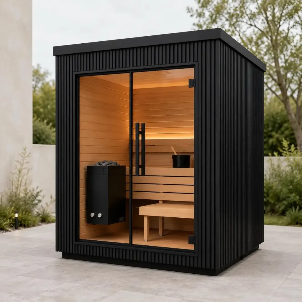 Golden Woods Nordic S Black Edition – nowoczesna sauna ogrodowa z czarną elewacją, dużym przeszkleniem i minimalistycznym designem.