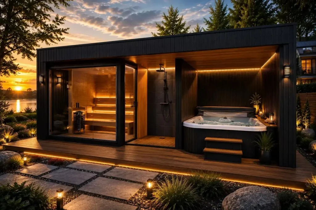 Golden Woods Nordic SPA Black Edition – sauna ogrodowa z prysznicem i jacuzzi pod wspólnym zadaszeniem.