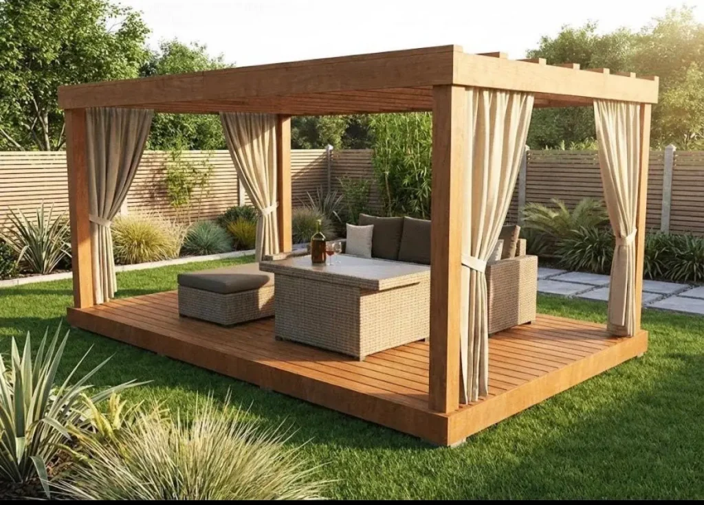 Wizualizacja Golden Woods – nowoczesna drewniana pergola ogrodowa w stylu skandynawskim.
