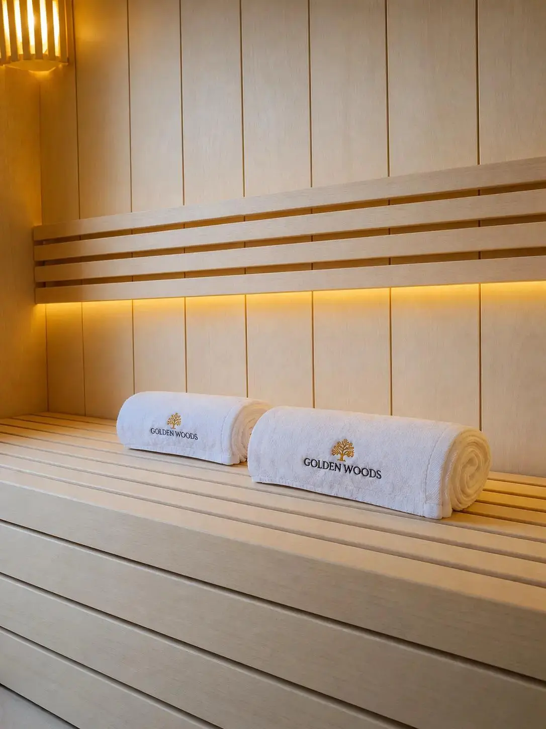 Golden Woods – eleganckie drewniane wnętrze prywatnej strefy SPA.